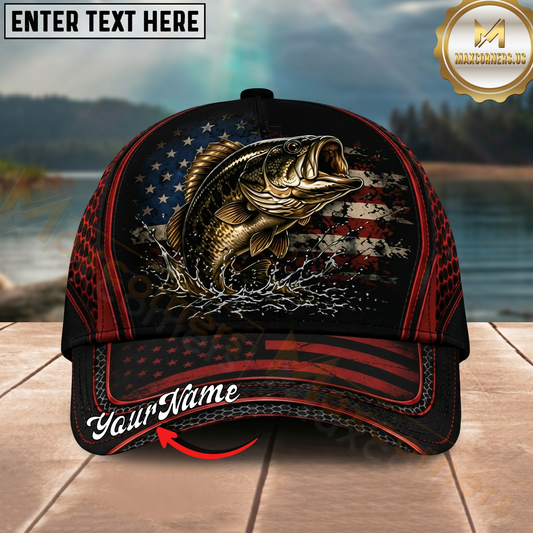 Maxcorners Fishing American Flag Black Red Personalized 3D Cap (12 Fish Species)