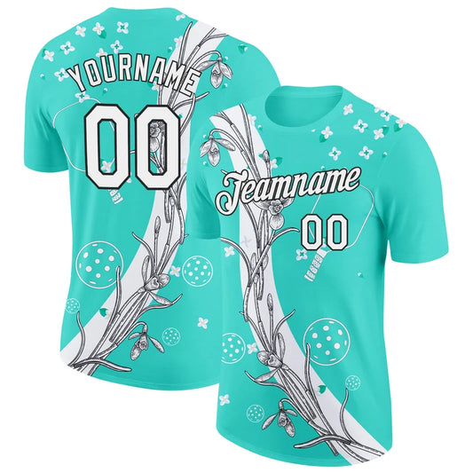 Maxcorners Pickleball Paddle Ball Mint Green White Botanical Snowdrop Flower Personalized Name 3D Unisex Shirt