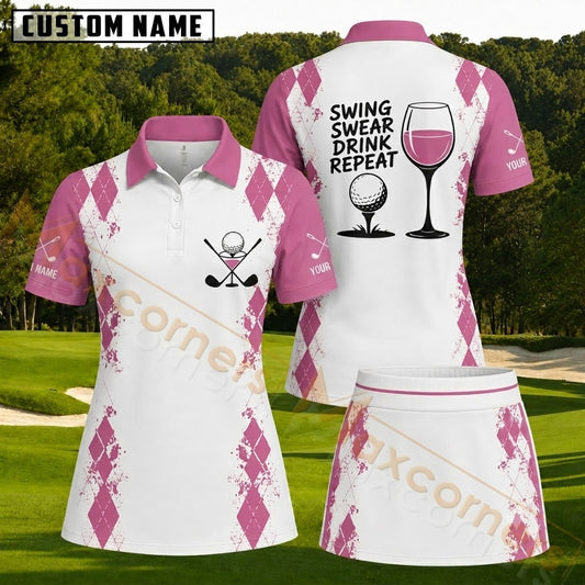 Maxcorners Pink Argyle Golf and Wine Personalized Name 3D Golf Shirt and Skirt
