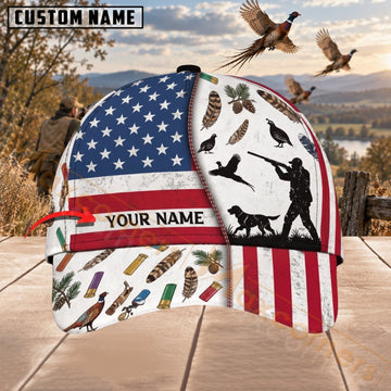 Maxcorners Upland Bird Hunting American Flag Hunter Dog Silhouette Personalized Name 3D Cap