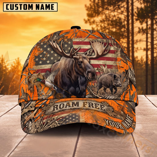 Maxcorners Deer Hunting American Flag Roam Free Personalized Name 3D Cap
