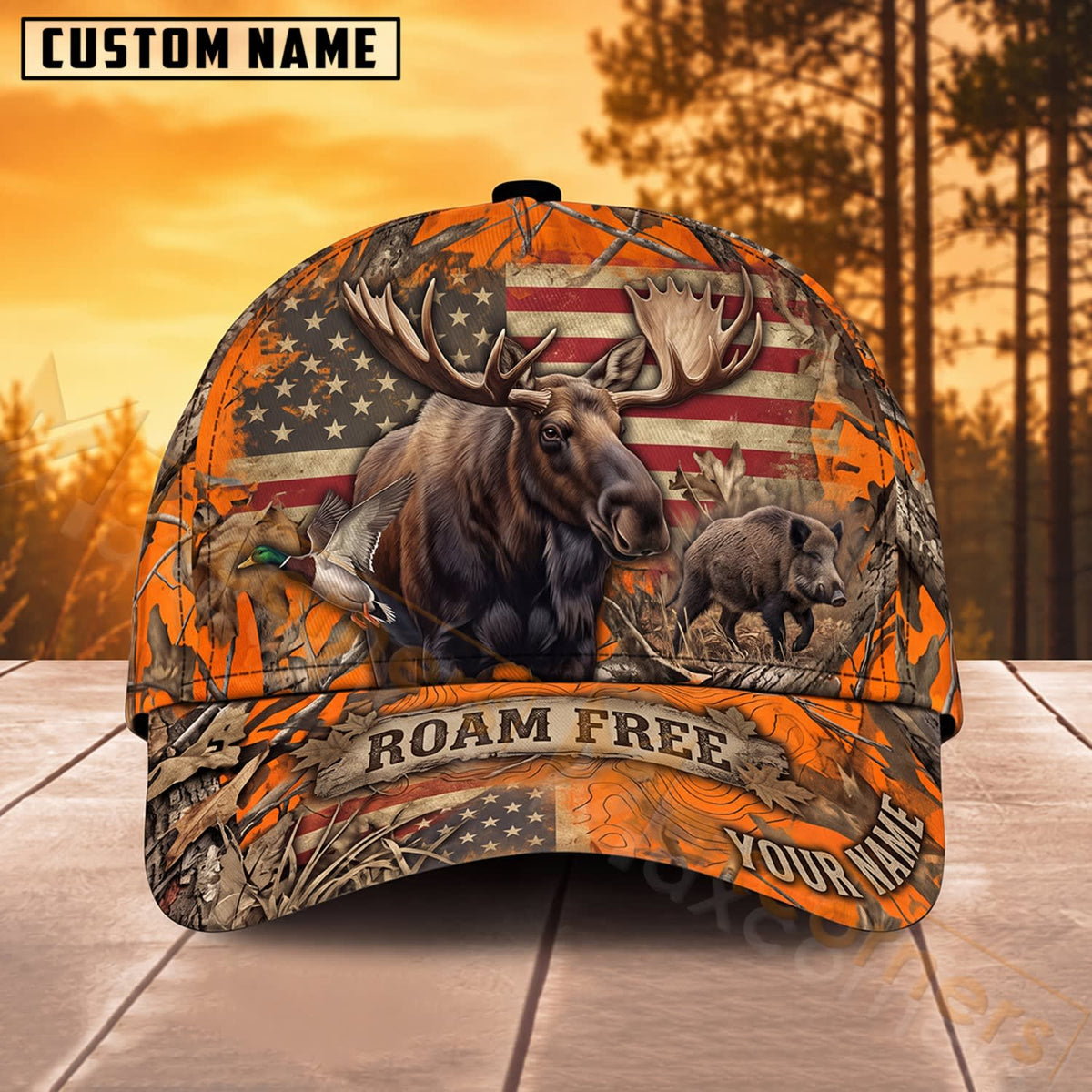 Maxcorners Deer Hunting American Flag Roam Free Personalized Name 3D Cap