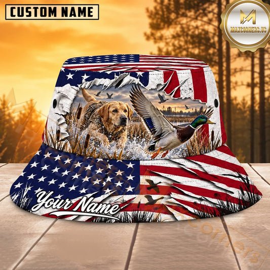 Maxcorners Labrador Duck Hunting Stars Stripes Personalized Name 3D Bucket Hat