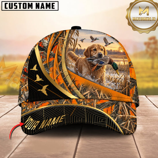Maxcorners Dog Hunting And Duck Orange Camo Curved Stripe Marsh Hunting Scene Multiple Options Personalized Name 3D Cap