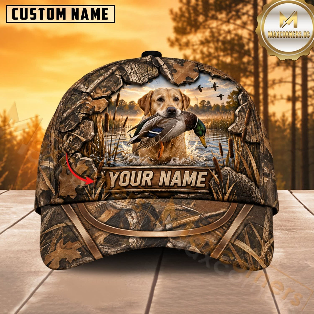 Maxcorners Dog Hunting And Duck Sunset Marsh Landscape Camo Personalized Name 3D Cap