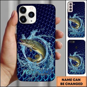 Maxcorners Pike Fishing Phone Case Water Ring Splash Dark Blue Scale Background Personalized Name Phone Case