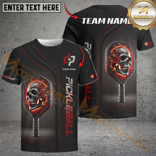 Maxcorners Pickleball Flaming Skull Paddle Custom Name & Team 3D Shirt (4 Colors)