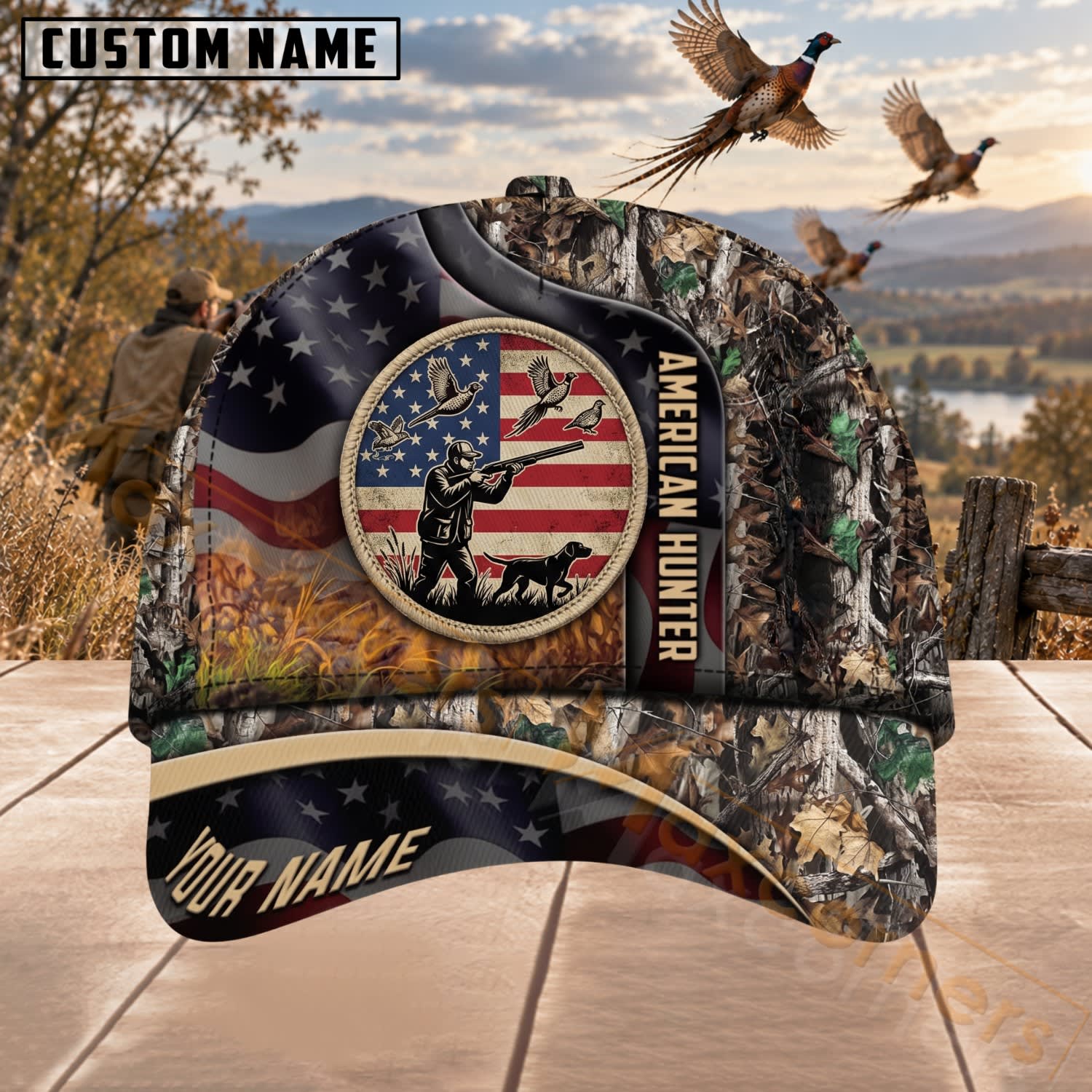 Maxcorners Upland Bird Hunting Camo Patriotic Hunter Emblem Personalized Name 3D Cap