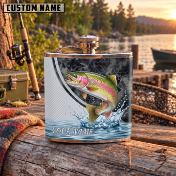 Maxcorners Fishing Rainbow Trout Silver Wave Personalized Name 3D Hip Flask