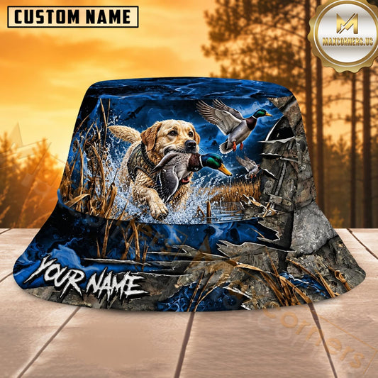 Maxcorners Hunting Dog Blue Mountain Forest Personalized Name 3D Bucket Hat