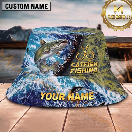 Maxcorners Fishing Ocean Splash Personalized Name 3D Bucket Hat (12 Fish Species)