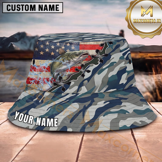 Maxcorners Fishing American Flag Blue Camo Lace-Up Personalized 3D Bucket Hat (13 Fish Species)