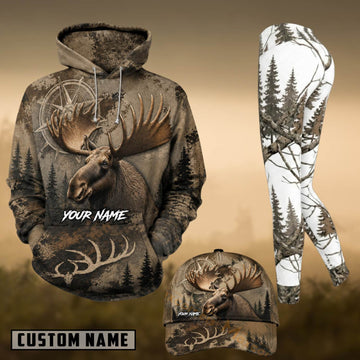 Maxcorners Hunting Moose Compass Forest Brown Personalized 3D Combo Hoodie, Legging Set & Cap