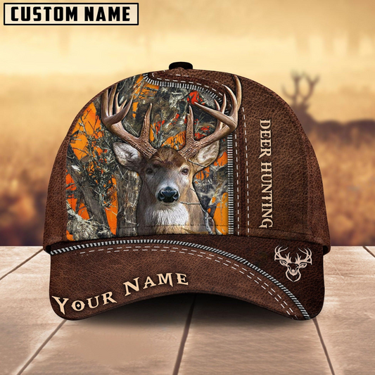 Maxcorners Deer Hunting Brown Leather Pattern Mutilcolored Personalized Name 3D Cap