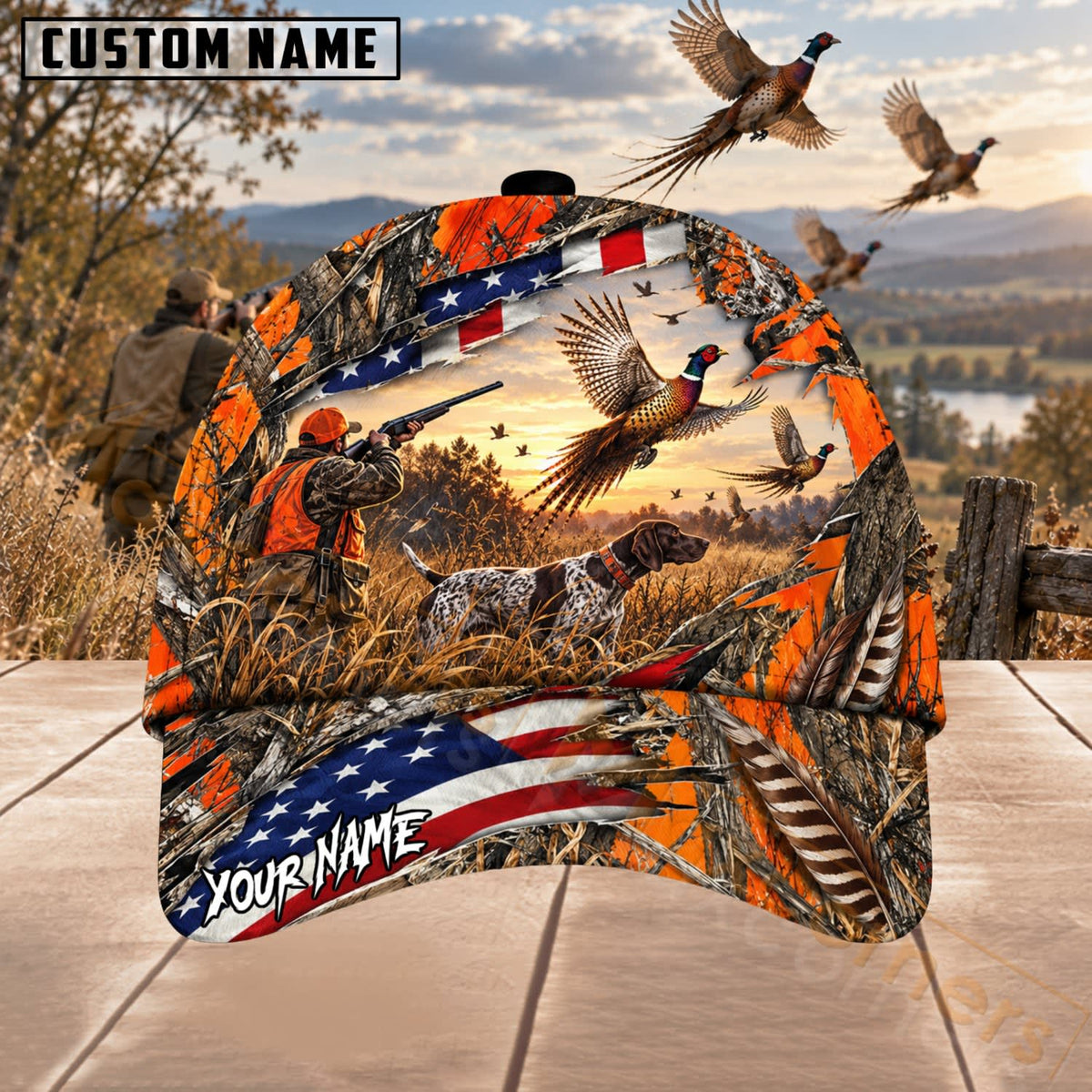 Maxcorners Upland Bird Hunting Blaze Orange Pheasant Sunset Personalized Name 3D Cap