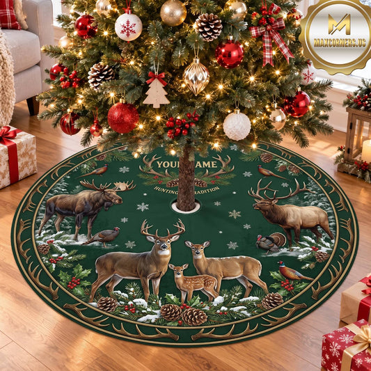 Maxcorners Hunting Deer Moose Green Wildlife Personalized Name 3D Christmas Tree Skirt