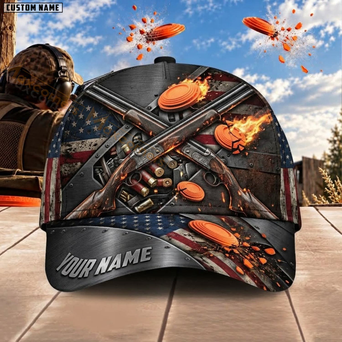 Maxcorners Trap & Skeet Shooting Crossed Shotguns Flying Clays Personalized Name 3D Cap