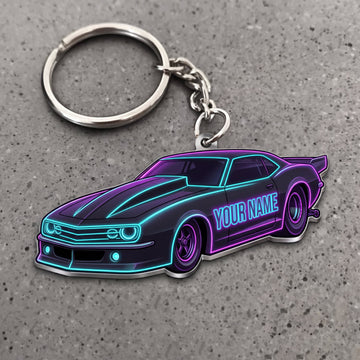 Maxcorners Classic Muscle Car Purple Sports Coupe with Turquoise Neon Racing Stripes Personalized Name 3D Keychain And Ornament