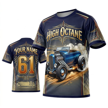 Maxcorners Personalized Car Classic Muscle Car 3D T-Shirt – High Octane Navy Gold Classic Hot Rod