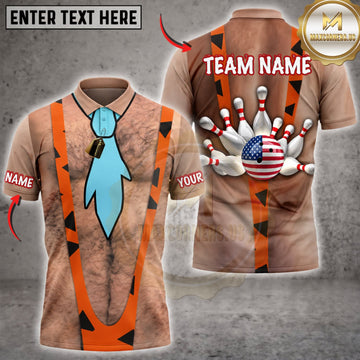 Maxcorners Bowling Caveman Costume American Flag Bowling Pins Personalized Name 3D Unisex Shirt