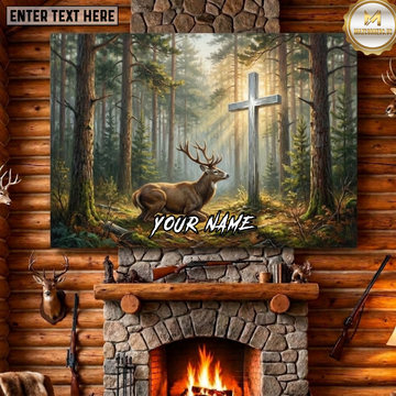 Maxcorners Deer Hunting Kneeling Deer Cross Faith Forest Sunlight Spiritual Wildlife Canvas Wall Art