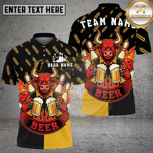 Maxcorners Bowling Beer Bull Wheat Pattern Multicolor Options Personalized Name, Team Name 3D Shirt (4 Colors)