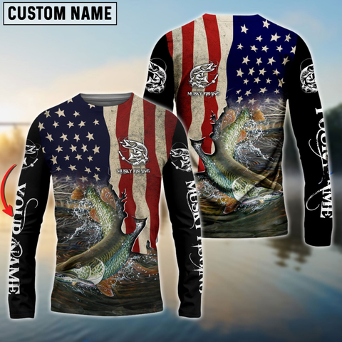 Maxcorners Musky Fishing 3D American Flag Patriotic Personalized Name, Team Name 3D Long Sleeve Shirt