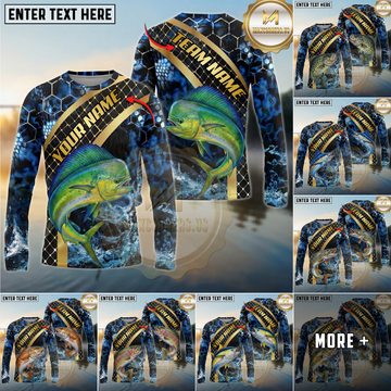 Maxcorners Fishing Honeycomb Water Personalized Name, Team Name Long Sleeve Shirt (9 Fish Species)