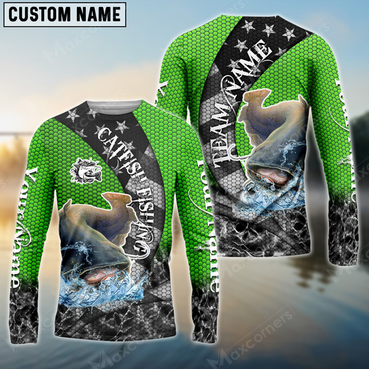 Maxcorners Catfish Fishing American Green Star  Sun Protection Personalized Name, Team Name Long Sleeve Shirt