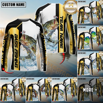 Maxcorners Fishing Golden Premium Dynamic Strike Sport Jersey Personalized Name, Team Name Long Sleeve Shirt (8 Fish Species)
