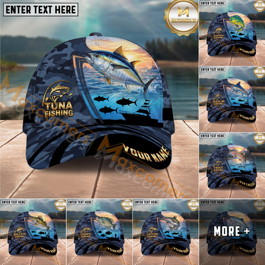 Maxcorners Fishing  Sunset Ocean Camouflage Multi Options Personalized Name 3D Classic Cap (11 Fish Species)