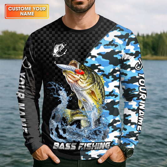 Maxcorners Bass Fishing Camo UPF Shirt, Largemouth Bass Fishing Shirt, Personalized Fishing Shirts For Men
