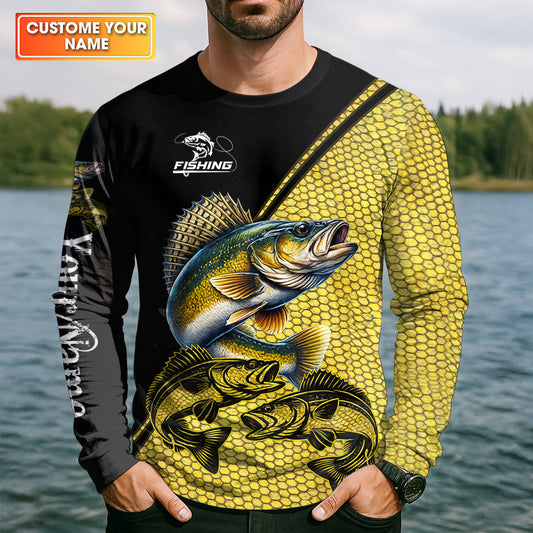 Maxcorners Personalized Walleye Fishing UPF Shirt, Fishing Long Sleeve Shirt, Fishing Shirt For Men