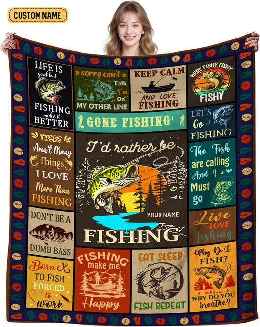 Maxcorners Gone Fishing I'd Rather Be Fishing Custom Name Blanket, Presents For Fishermen, Gift For Fishing Lover LM0201