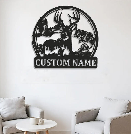 Maxcorners Personalized Deer, Fish & Duck Hunting Metal Sign WITH LED/WITHOUT LED, Rustic Wildlife Wall Decor for Cabin, Lodge, or Mancave LM0110