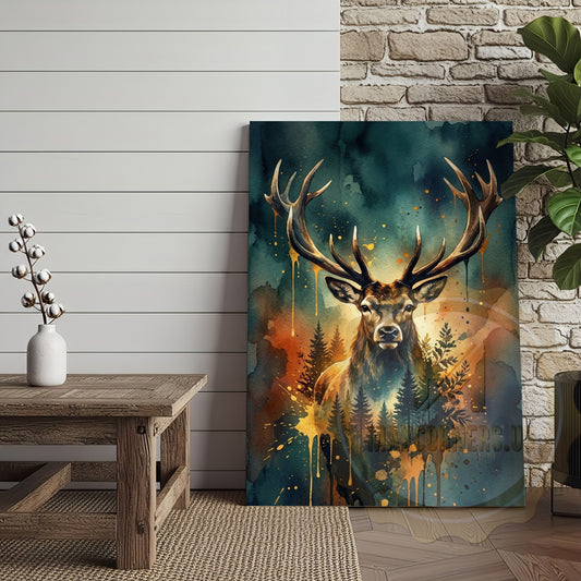 Maxcorners Watercolor Deer Canvas Wall Art - Forest Landscape Double Exposure Print