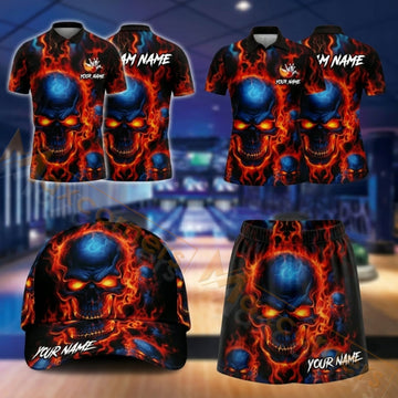 Maxcorners Bowling Red Blue Flaming Bowling Ball Design Personalized Team Sportswear Set - Polo Shirt, Cap & Skorts