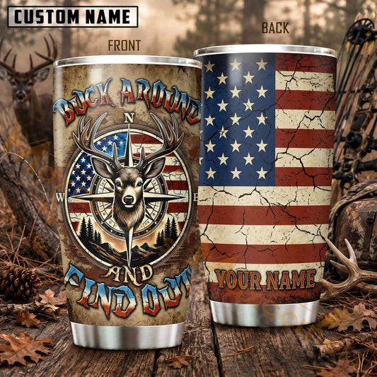 Maxcorners Hunting Deer Skull American Flag Patriotic Personalized Name 3D Tumbler