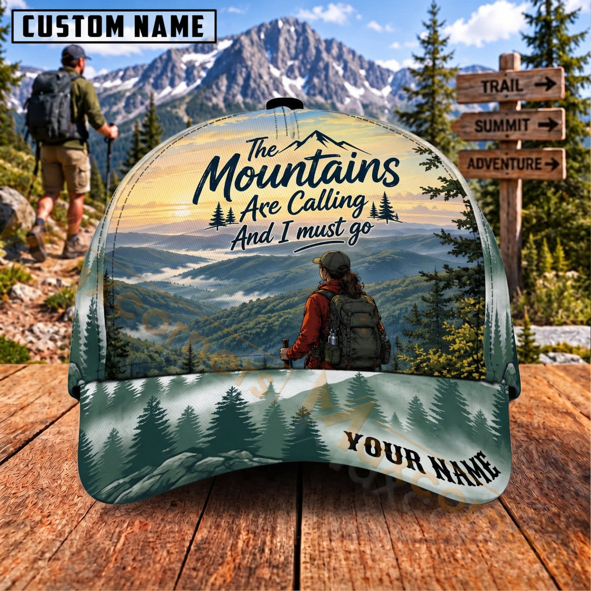 Maxcorners Hiking Mountains Are Calling Scenic Trail Personalized Name 3D Cap