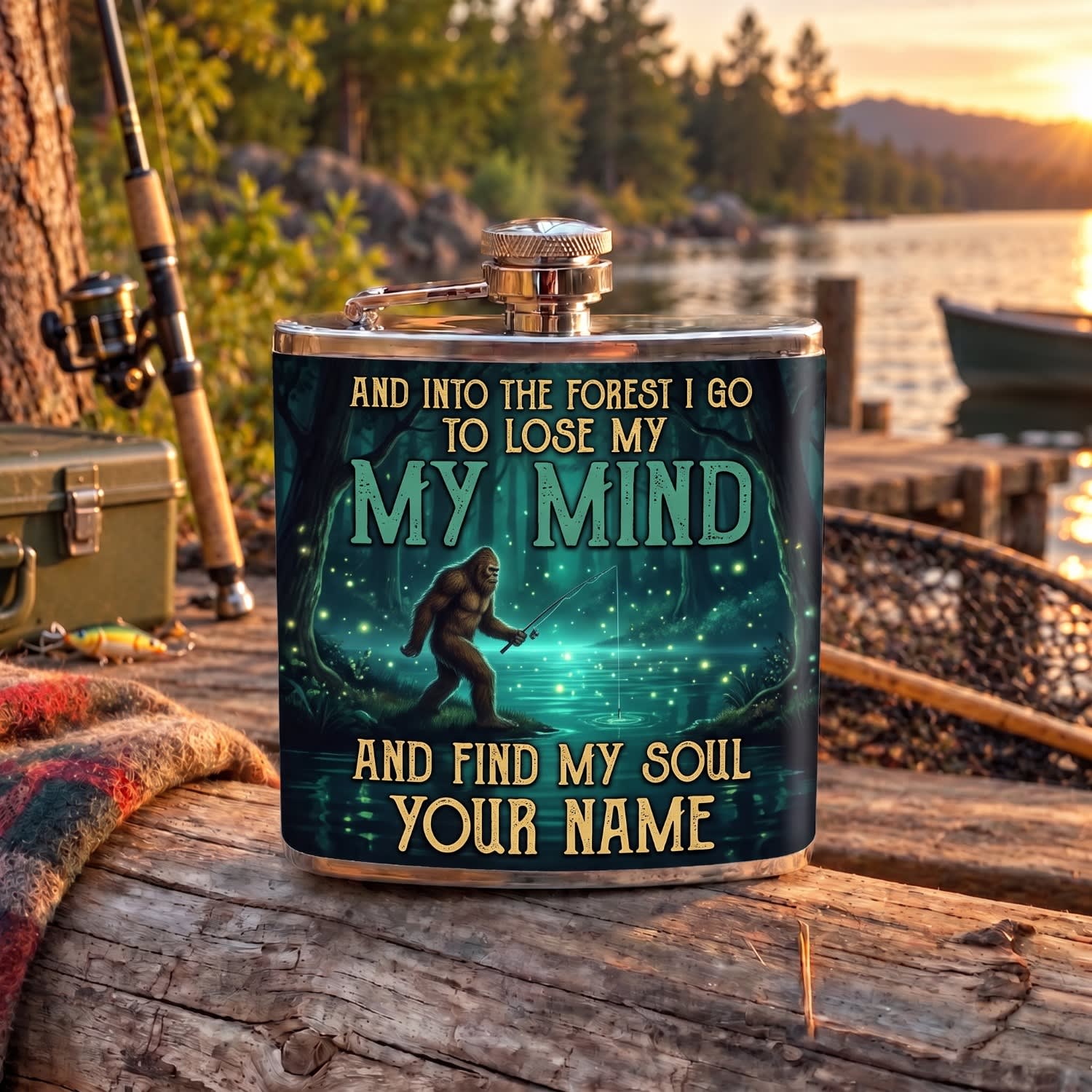 Maxcorners Fishing Forest Fishing Quote Night Scene Personalized Name 3D Hip Flask