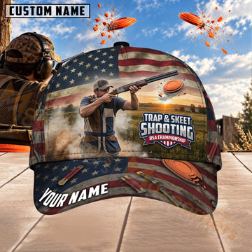 Maxcorners Trap & Skeet Shooting American Flag Mountain Range Personalized Name 3D Cap