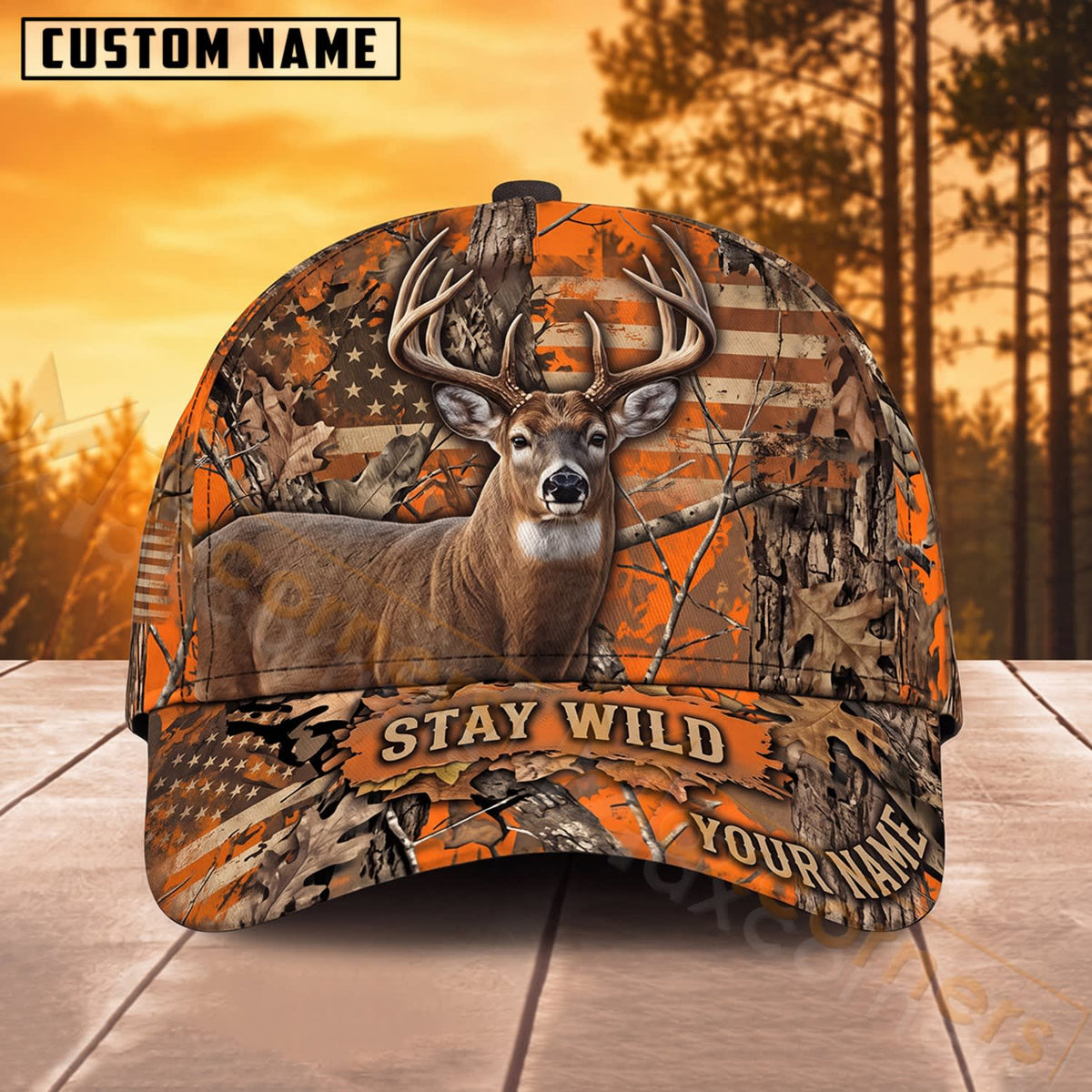 Maxcorners Whitetail Deer Hunting Rustic Camo Stay Wild Personalized Name 3D Cap