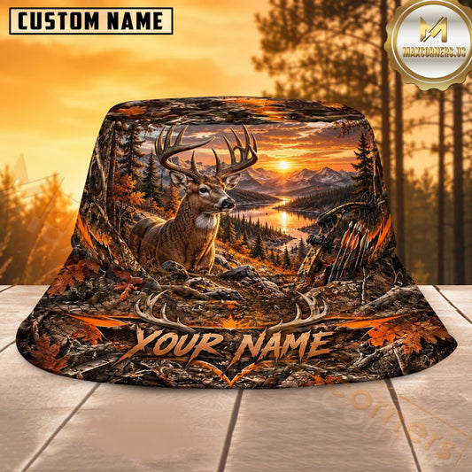 Maxcorners Deer Hunting Orange Sunset Wilderness Personalized Name 3D Bucket Hat