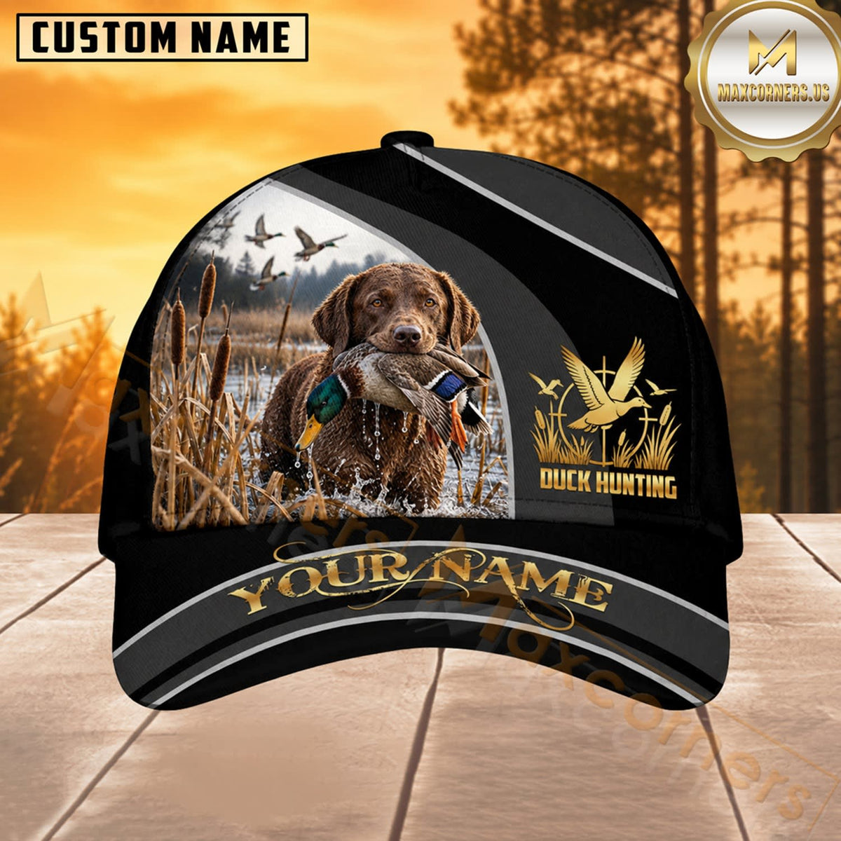 Maxcorners Dog Hunting And Duck Golden Sunset Wetland Scene Multiple Options Personalized Name 3D Cap