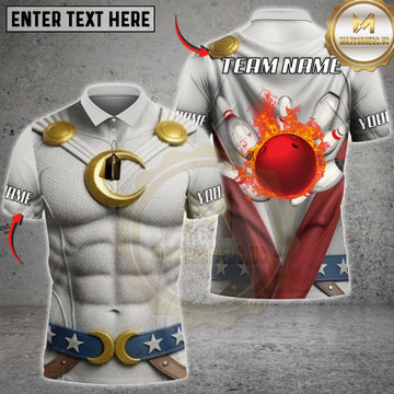 Maxcorners Bowling White Gold Muscular Armor Red Bowling Ball Personalized Name 3D Unisex Shirt