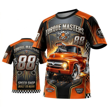 Maxcorners Personalized Car Classic Muscle Car 3D T-Shirt – Torque Masters Orange Black Hot Rod Racing