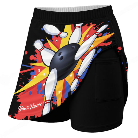 Maxcorners Customized Bowling Trouser Skirts With Shorts Underneath, Bowling Colorful Ink Splatter With Pockets