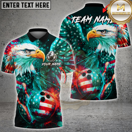 Maxcorners Bowling American Eagle Patriotic Splash Art Multicolor Options Personalized Name, Team Name 3D Shirt (2 Colors)