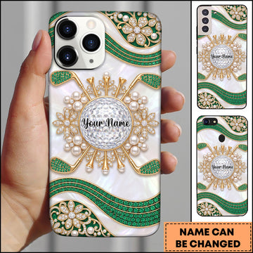 Maxcorners Golf Pearl Background with Gemstone Wave Lines Green Personalized Phone Case
