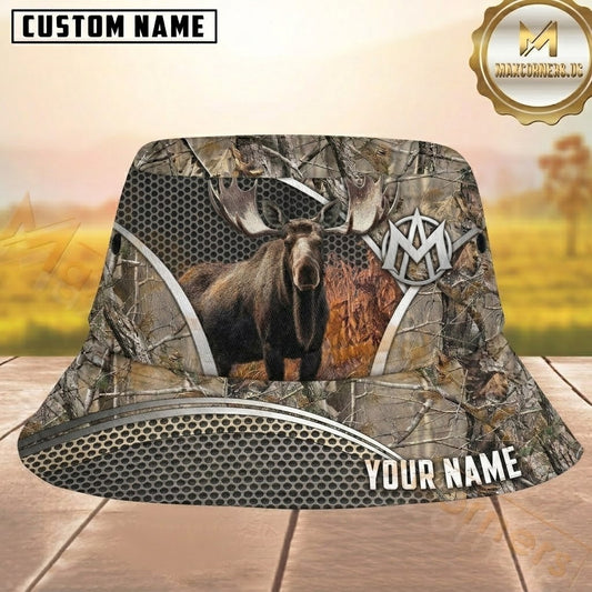 Maxcorners Moose Hunting Woodland Camo Silver Mesh Personalized Name 3D Bucket Hat